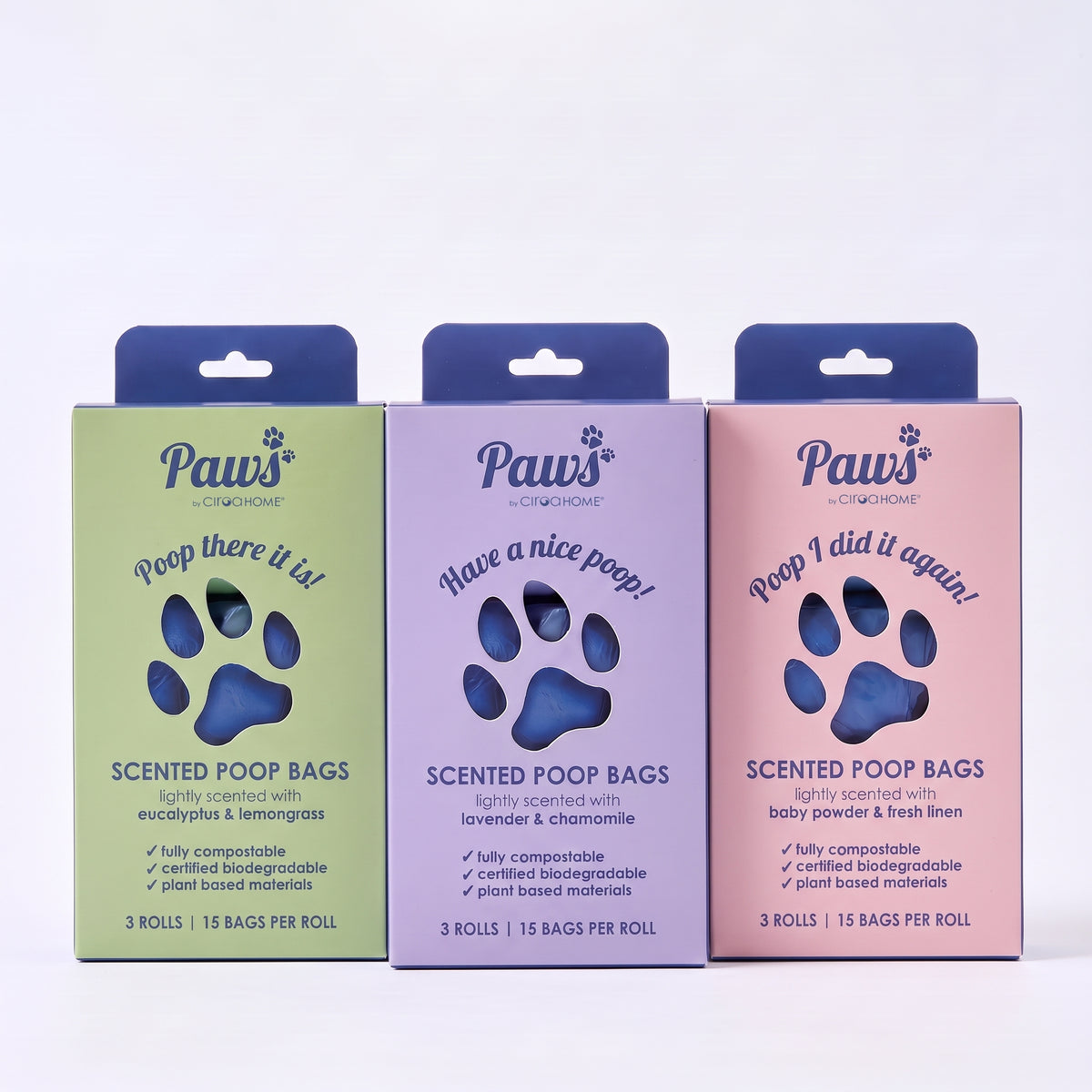 3 BOXES OF 3 SCENTED POOP BAGS WITH HANDLE - 3 ROLLS X 15 BAGS PER ROLL